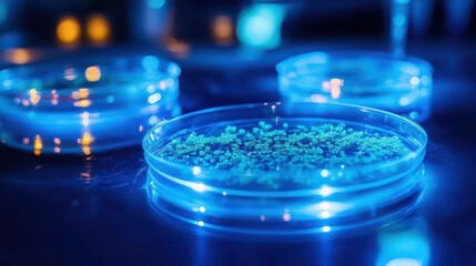 Close up of petri dishes with opaque growth cultures under blue laboratory lighting for scientific research