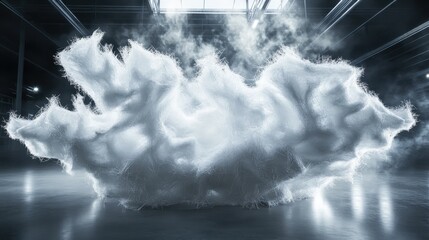 Abstract formation of white frayed industrial packing materials resembling a wispy cloud with steam