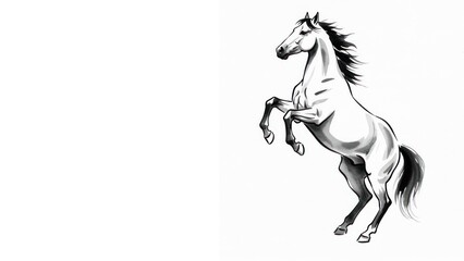 Rearing horse drawing, black and white sketch illustration with ample copy space