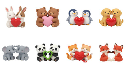 Fototapeta premium Cute animal couple figurines set including rabbits, bears, penguins, puppies, elephants, pandas, cats, and foxes holding hearts isolated. Romantic 3d character collection for valentines day.