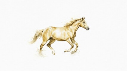 Running horse watercolor illustration, dynamic palomino horse galloping on a white background with copy space