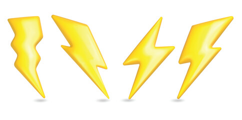 Fototapeta premium 3d lightning icon. Bolt electric plastic yellow arrow, cartoon energy fast sign. Flash light power symbol realistic render, speed strike and thunder thunderbolt. Battery charger vector isolated set