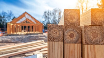 Close up of stacked squared wooden lumber beams in the foreground with a house construction site in the blurred background under sunlight