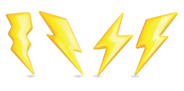 3d lightning icon. Bolt electric plastic yellow arrow, cartoon energy fast sign. Flash light power symbol realistic render, speed strike and thunder thunderbolt. Battery charger vector isolated set