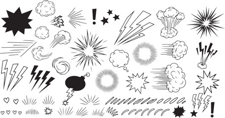 Hand drawn comic explosion effect vector set with doodle boom bursts, dynamic action lines, cloud puff shapes, zap elements and outline sticker style.eps © topceptart