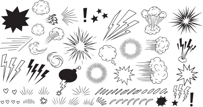 Hand drawn comic explosion effect vector set with doodle boom bursts, dynamic action lines, cloud puff shapes, zap elements and outline sticker style.eps