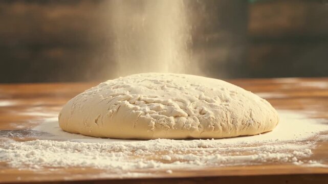 A baker prepares bread dough on a rustic wooden table. Flour is gently sifted and sprinkled over the rounded, pale dough ball, creating a beautiful misty cloud before settling softly on the surface f