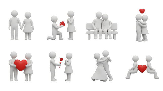 Minimalist character couple set including holding hands, proposing, hugging, dancing, and sitting scenes isolated. Romantic relationship and love concept collection.