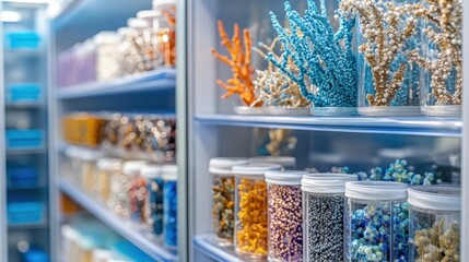 Collection of sealed specimen containers holding biological samples and materials on laboratory shelves for research and display