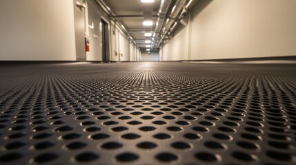 Close up of textured perforated industrial flooring material with a repeating pattern in a brightly lit hallway with overhead pipes and ducts