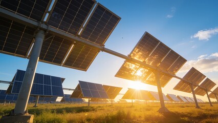 Solar panels in a field at sunset