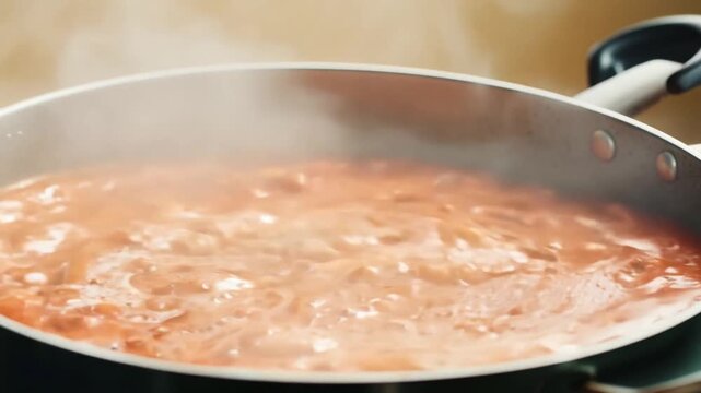 The active cooking of a vibrant red tomato sauce is captured as ingredients like pasta and broth are added to the intensely boiling mixture in a pan. The sauce is continuously stirred, generating thi