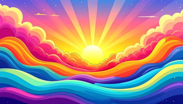 A vibrant, colorful landscape features a radiant sunburst breaking through fluffy, swirling clouds above rolling rainbow-hued hills and waves