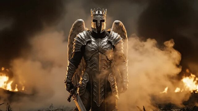 Armed warrior with wings in battle scene amidst smoke and flames