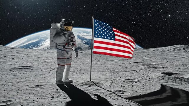 Astronaut planting flag on moon