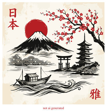 Traditional Japanese Ink Wash Illustration with Mount Fuji, Cherry Blossoms, Pagoda, and Torii Gate. Hand-drawn Sumi-e Style Vector Art Featuring a Boat on Waves and Zen Landscapes. Elegant Japan Trav