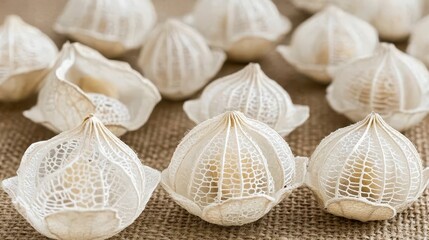 Delicate intricate white lace patterned natural dried seed pods forming an organic texture arrangement