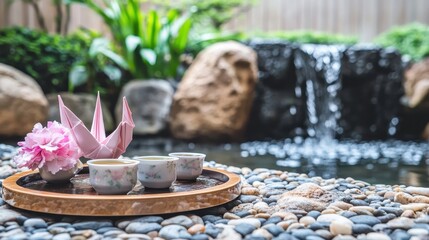 Delicate pink origami crane rests beside patterned teacups on a wooden tray surrounded by pebbles and a tranquil water feature in a serene garden