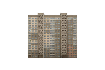 Fourteen-storey panel apartment building with decorative ventilation grilles is isolated.