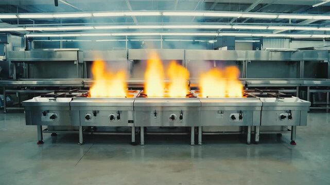 Industrial kitchen gas burners producing intense flames