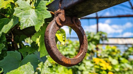 Close up of a rusty metal ring attached to a beam with green foliage in the background