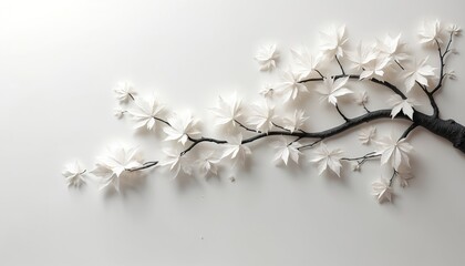 White japanese maple leaves on dark branch. Minimalist bas relief art, tone on tone texture, elegant design element. Nature flora, isolated on plain background.