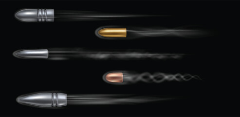 Realistic 3d bullet flying with gun shot and pistol fire effect. Ammo, military ammunition with motion smoke and trace. Blast explosion with flame flash. Vector isolated set © Frogella.stock