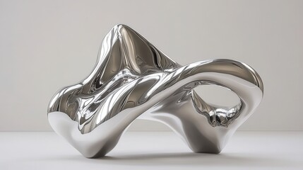 Gleaming chrome abstract sculpture with fluid and dynamic form presented on a white surface