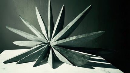 Polished onyx fragments arranged in a starburst design creating a geometric abstract sculpture with radiating pointed shapes and dramatic shadows