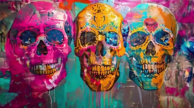 Holiday composition for happy celebrate dia de muertos, abstract vivid composition consists of fictional unreal fantastic vision on background