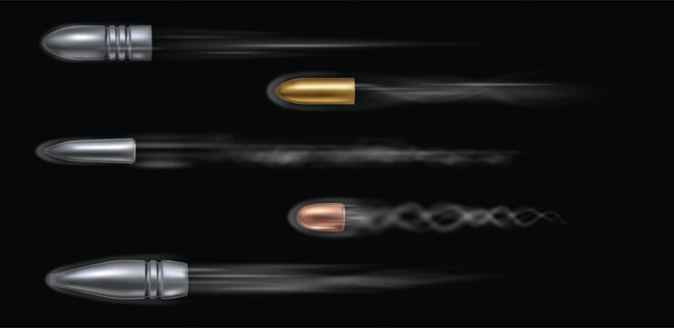 Realistic 3d bullet flying with gun shot and pistol fire effect. Ammo, military ammunition with motion smoke and trace. Blast explosion with flame flash. Vector isolated set