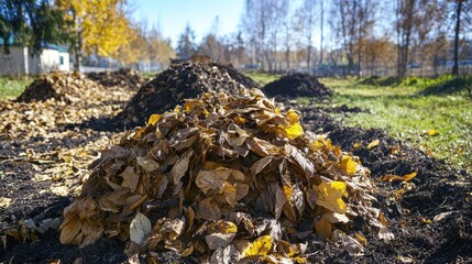Piles of dried autumn leaves collected in an outdoor garden