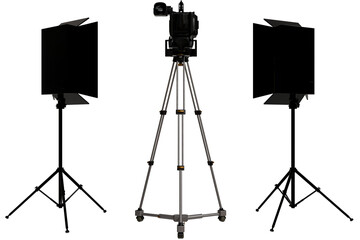 Professional camera on a tripod stands centered, flanked by two large black light panels on stands isolated transparent background © omkuhh