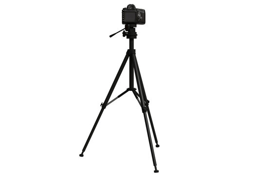 A black digital camera mounted on a sturdy black tripod, positioned for stable photography or video capture isolated transparent background