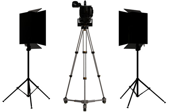 Professional camera on a tripod stands centered, flanked by two large black light panels on stands isolated transparent background