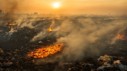 Fototapeta premium Burning plastic waste forms grotesque shapes polluting the air at sunset