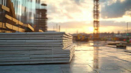Stacked portable shelter panels folded and ready for construction on a building site during sunset