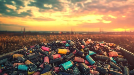 Discarded colorful batteries piled haphazardly in a vast field with a dramatic sunset sky overhead