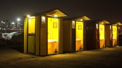 Emergency sanitation units are set up in neat rows providing basic facilities illuminated at night on sandy ground