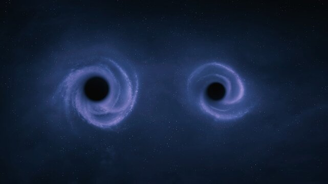 Two black holes colliding. Merging singularities in space. Massive objects with powerful gravity.