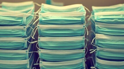 Stacks of individually sealed medical surgical face masks displayed for protection and hygiene