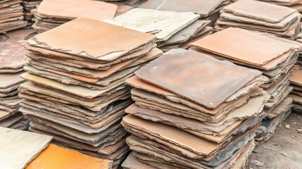 Stacks of rough unpolished ceramic tiles with chipped edges forming a textured background