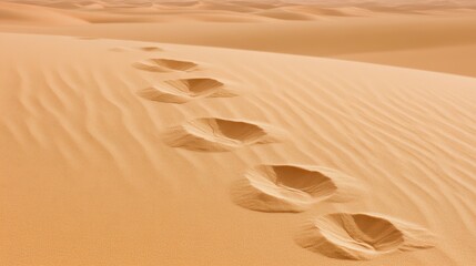 Footprints forming a distinct path through soft yielding desert sand dunes under bright daylight