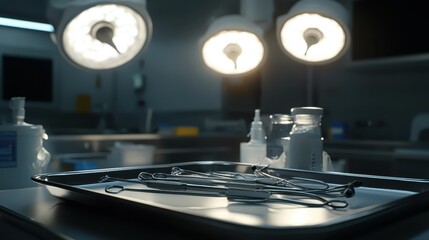 Sterilized surgical instruments arranged on a metal tray under bright operating room lights