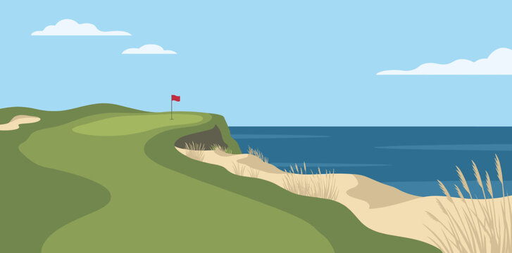Cabot Cliffs golf course illustration. Dramatic coastal links golf landscape with ocean cliffs, dunes, seaside green. Flat vector style. Championship golf background