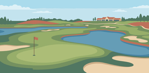 Fototapeta premium Le Golf National illustration. Championship golf course with water hazards, green fairway, modern clubhouse. Flat vector style. European luxury golf background