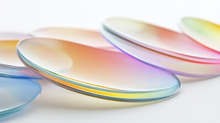Abstract iridescent geometric shapes with vibrant rainbow spectrum gradient reflecting soft light on a clean white background