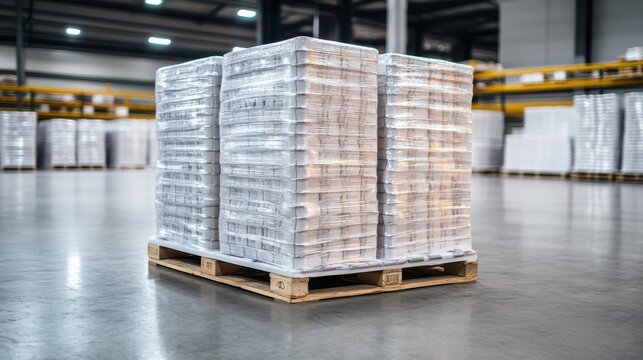 Large stacks of sealed medical masks in plastic packaging arranged on a wooden pallet in a warehouse