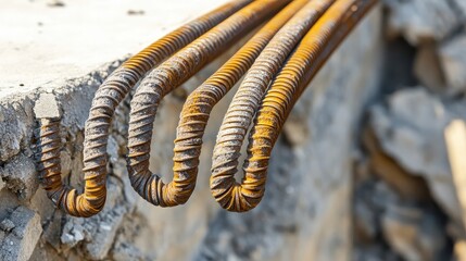 Tangled mass of rusted metal rebar bent and twisted showing textured surface in sunlight