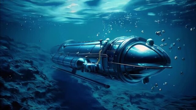 Large bathyscaphe floating in middle of deep ocean during exploration, abstract vivid composition consists of fictional unreal fantastic vision on background